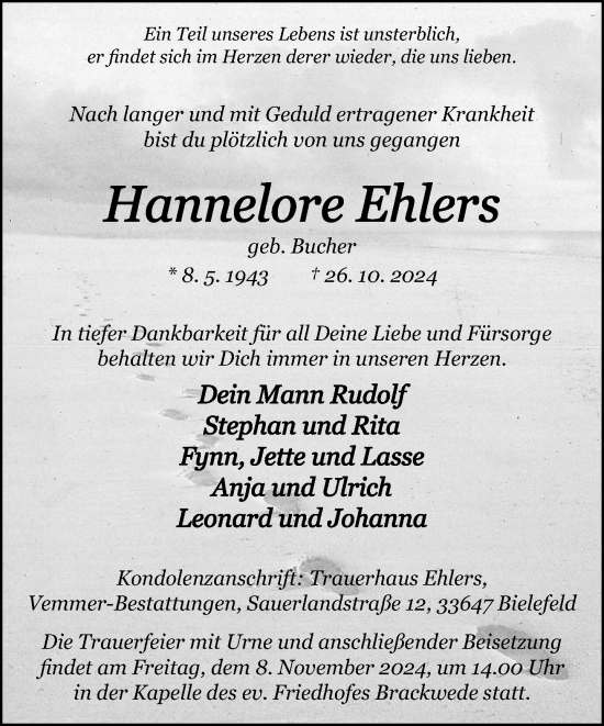 Traueranzeige von Hannelore Ehlers von Neue Westfälische