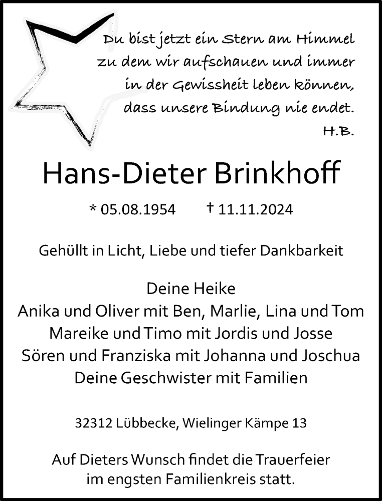  Traueranzeige für Hans-Dieter Brinkhoff vom 16.11.2024 aus Neue Westfälische