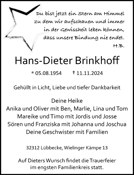 Traueranzeige von Hans-Dieter Brinkhoff von Neue Westfälische