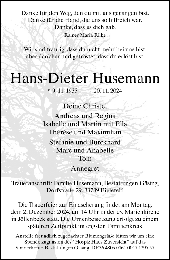 Traueranzeige von Hans-Dieter Husemann von Neue Westfälische