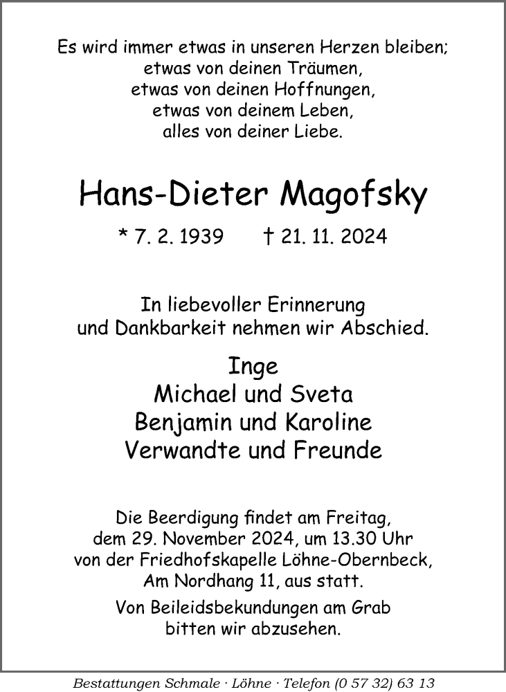  Traueranzeige für Hans-Dieter Magofsky vom 27.11.2024 aus Neue Westfälische