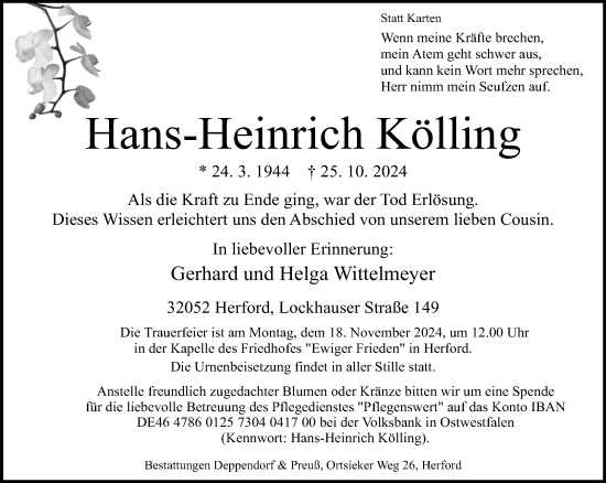 Traueranzeige von Hans-Heinrich Kölling von Neue Westfälische