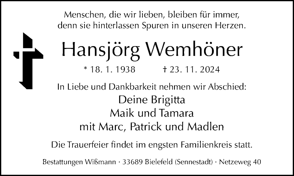  Traueranzeige für Hansjörg Wemhöner vom 30.11.2024 aus Neue Westfälische