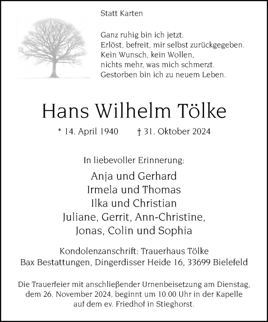 Traueranzeige von Hans Wilhelm Tölke von Neue Westfälische