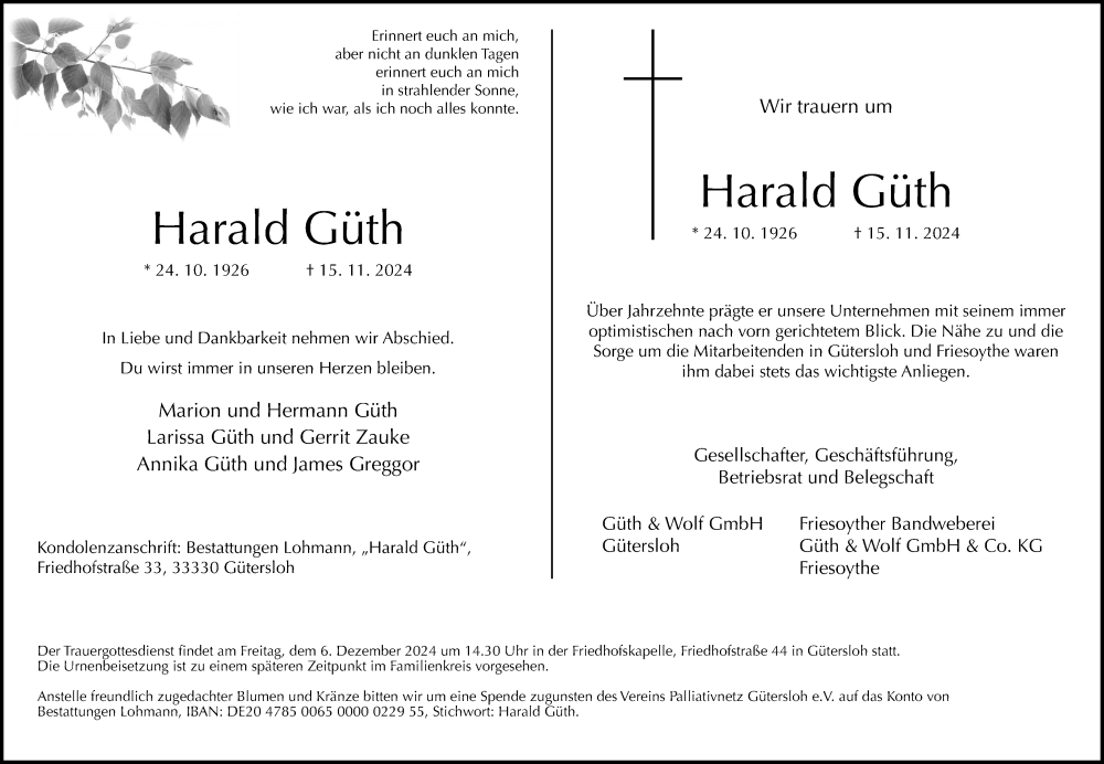  Traueranzeige für Harald Güth vom 23.11.2024 aus Neue Westfälische