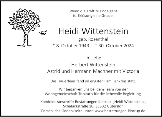 Traueranzeige von Heidi Wittenstein von Neue Westfälische