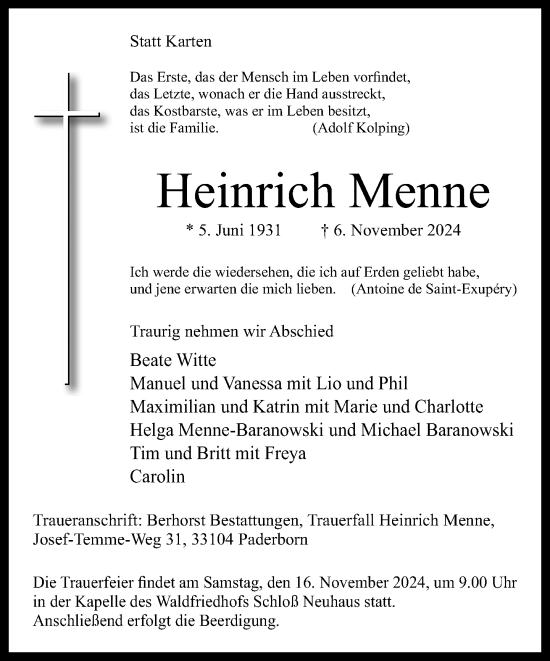 Traueranzeige von Heinrich Menne von Neue Westfälische