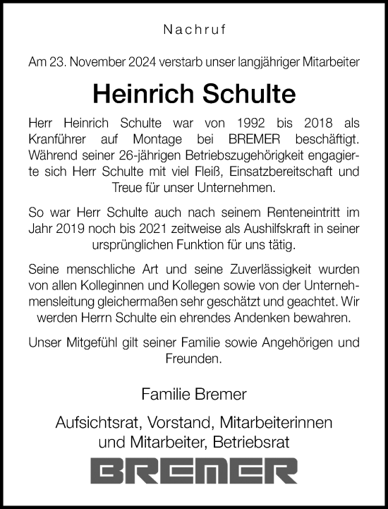 Traueranzeige von Heinrich Schulte von Neue Westfälische