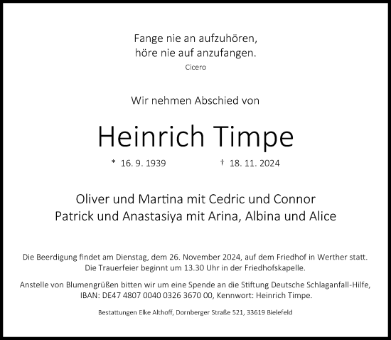 Traueranzeige von Heinrich Timpe von Neue Westfälische