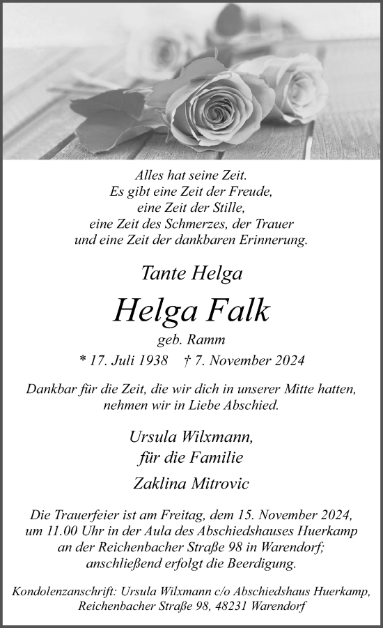 Traueranzeige von Helga Falk von Neue Westfälische