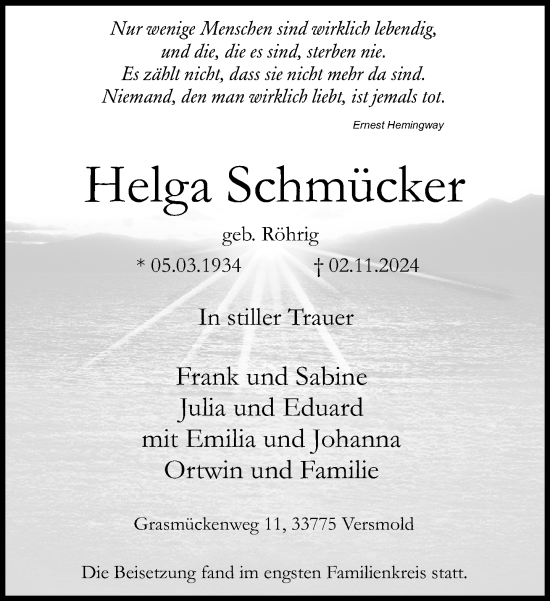 Traueranzeige von Helga Schmücker von Neue Westfälische