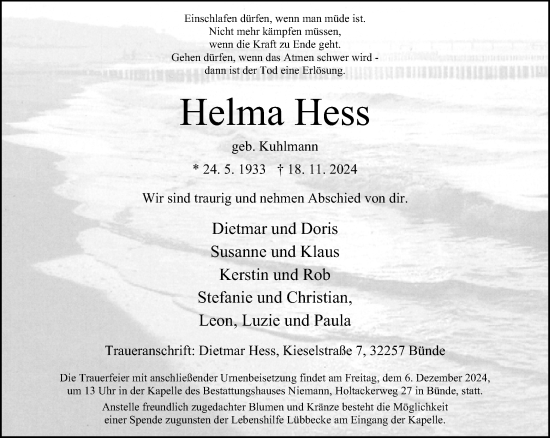 Traueranzeige von Helma Hess von Neue Westfälische