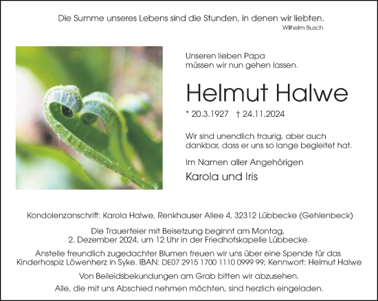 Traueranzeige von Helmut Halwe von Neue Westfälische