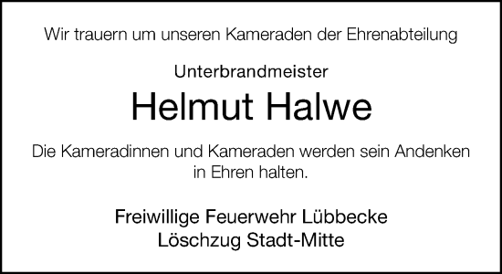 Traueranzeige von Helmut Halwe von Neue Westfälische