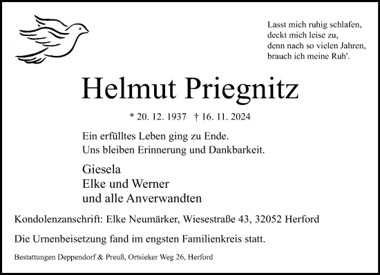 Traueranzeige von Helmut Priegnitz von Neue Westfälische