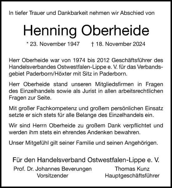 Traueranzeige von Henning Oberheide von Neue Westfälische