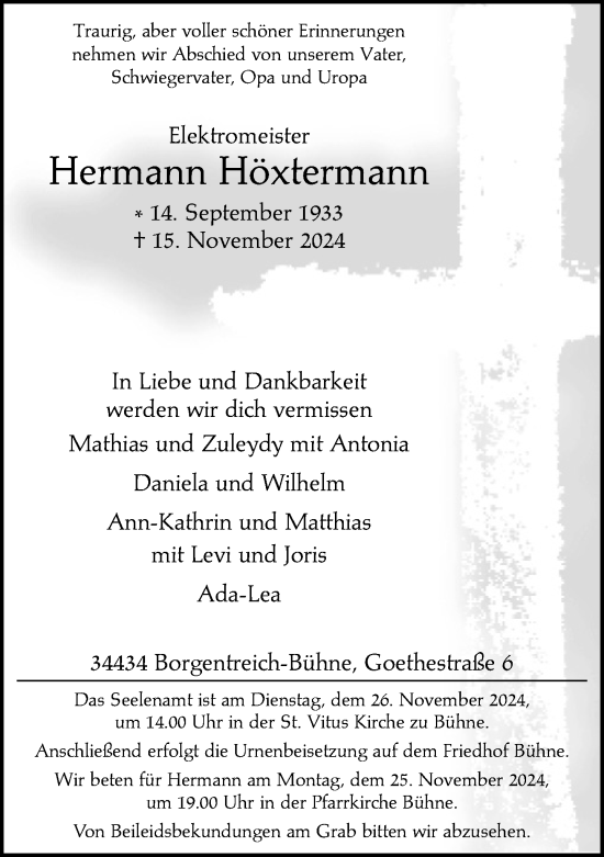 Traueranzeige von Hermann Höxtermann von Neue Westfälische