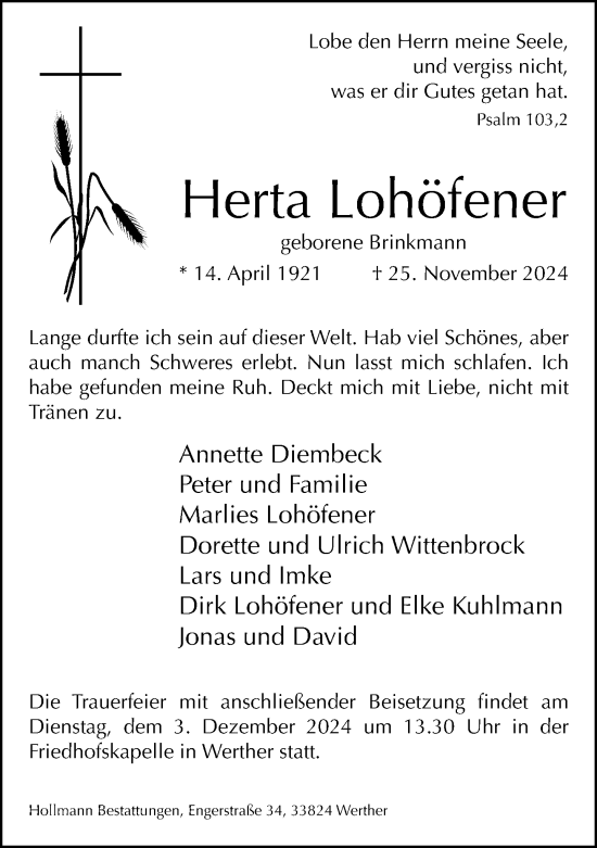 Traueranzeige von Herta Lohöfener von Neue Westfälische