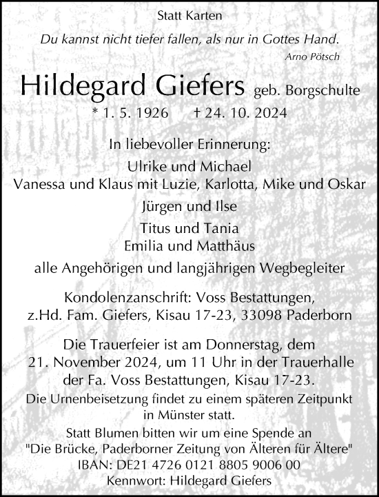 Traueranzeige von Hildegard Giefers von Neue Westfälische