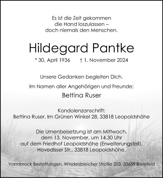 Traueranzeige von Hildegard Pantke von Neue Westfälische