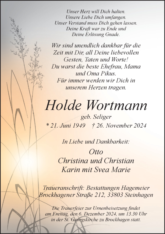 Traueranzeige von Holde Wortmann von Neue Westfälische