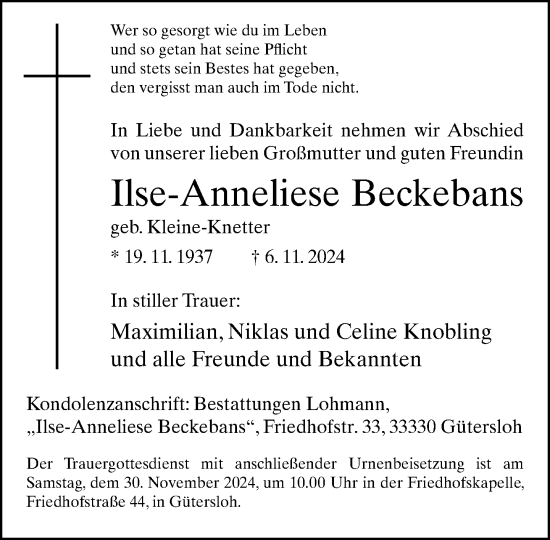 Traueranzeige von Ilse-Anneliese Beckebans von Neue Westfälische