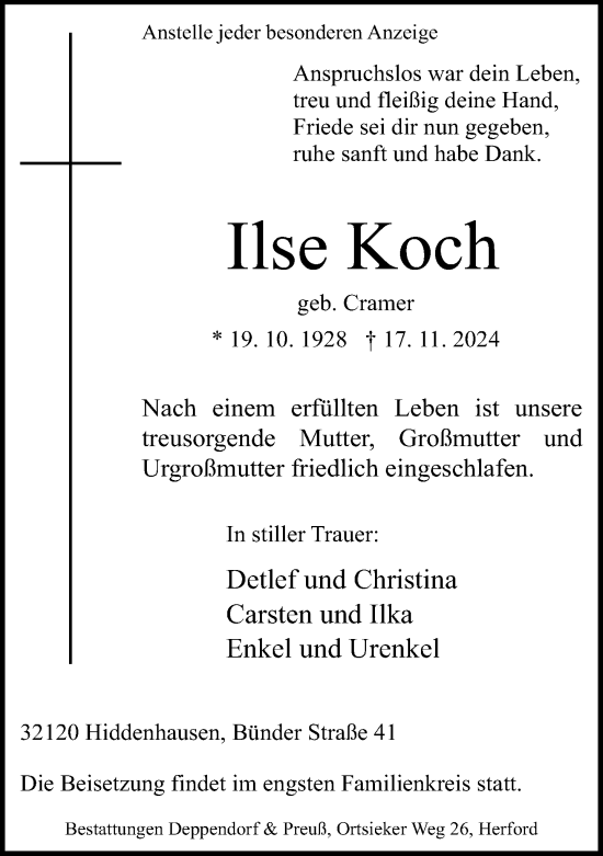 Traueranzeige von Ilse Koch von Neue Westfälische