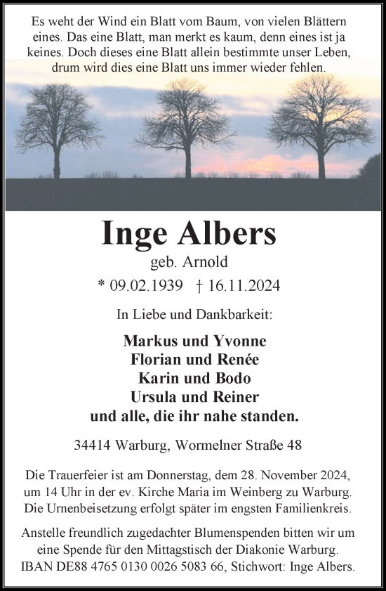 Traueranzeige von Inge Albers von Neue Westfälische