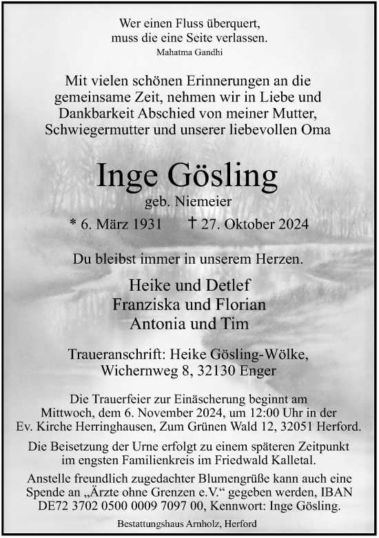 Traueranzeige von Inge Gösling von Neue Westfälische