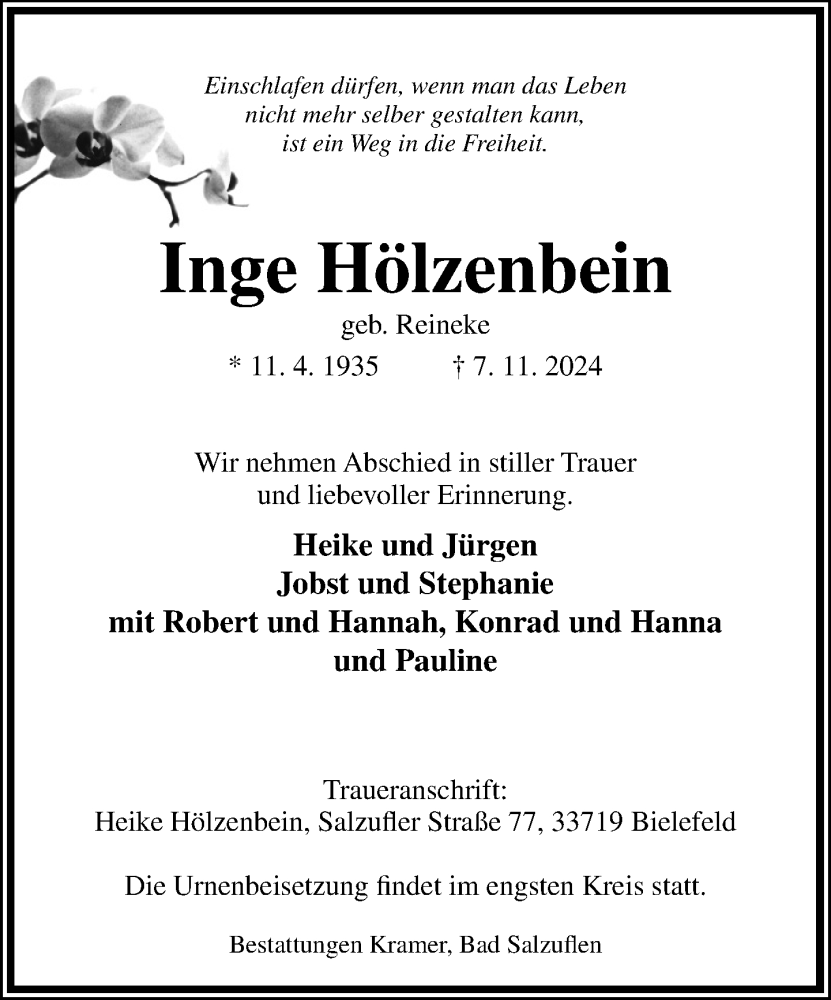  Traueranzeige für Inge Hölzenbein vom 23.11.2024 aus Neue Westfälische