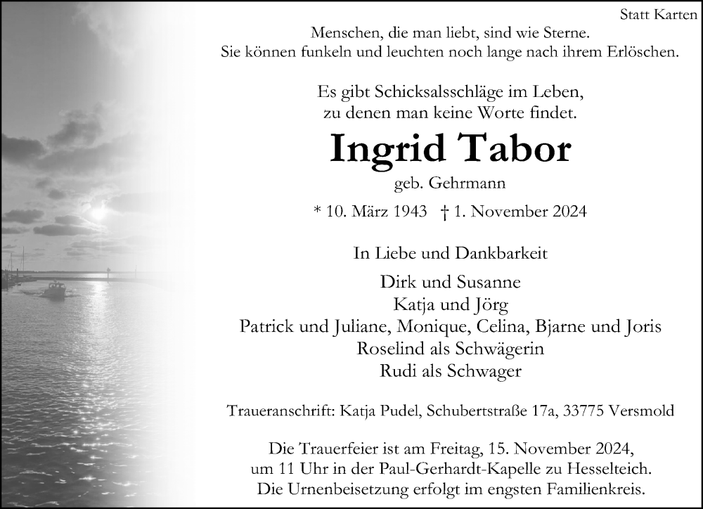  Traueranzeige für Ingrid Tabor vom 09.11.2024 aus Neue Westfälische