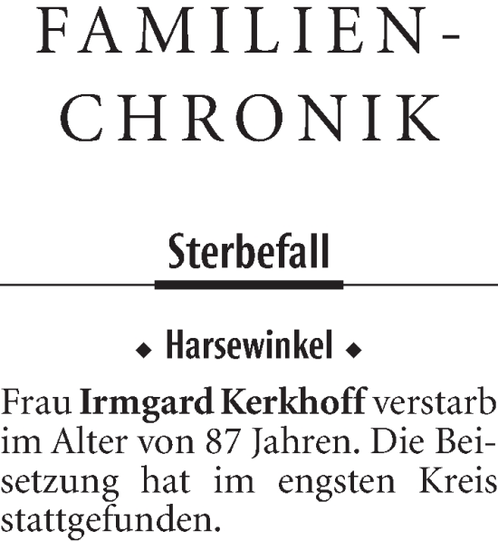 Traueranzeige von Irmgard Kerkhoff von Neue Westfälische