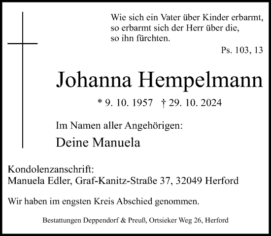 Traueranzeige von Johanna Hempelmann von Neue Westfälische