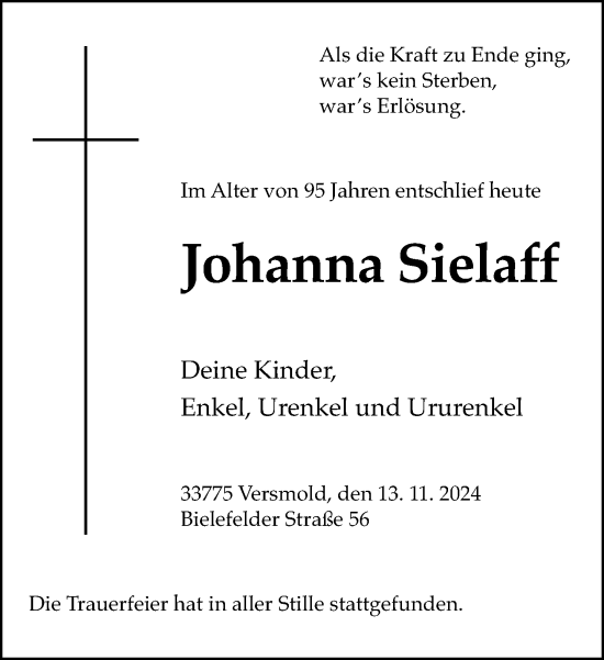 Traueranzeige von Johanna Sielaff von Neue Westfälische