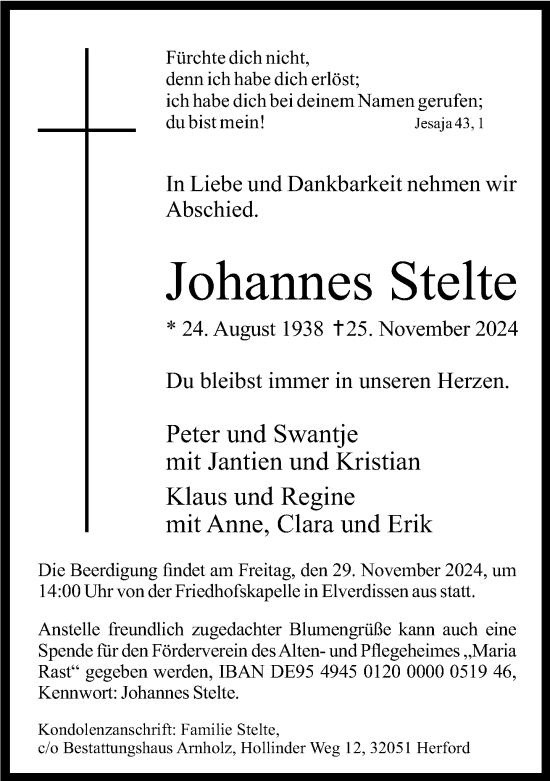 Traueranzeige von Johannes Stelte von Neue Westfälische