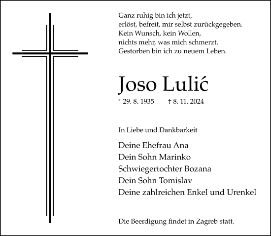 Traueranzeige von Joso Lulic von Neue Westfälische