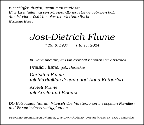 Traueranzeige von Jost-Dietrich Flume von Neue Westfälische