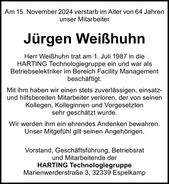 Traueranzeige von Jürgen Weißhuhn von Neue Westfälische