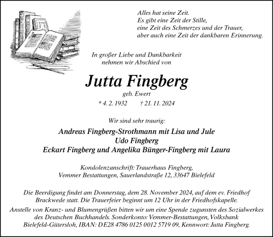 Traueranzeige von Jutta Fingberg von Neue Westfälische