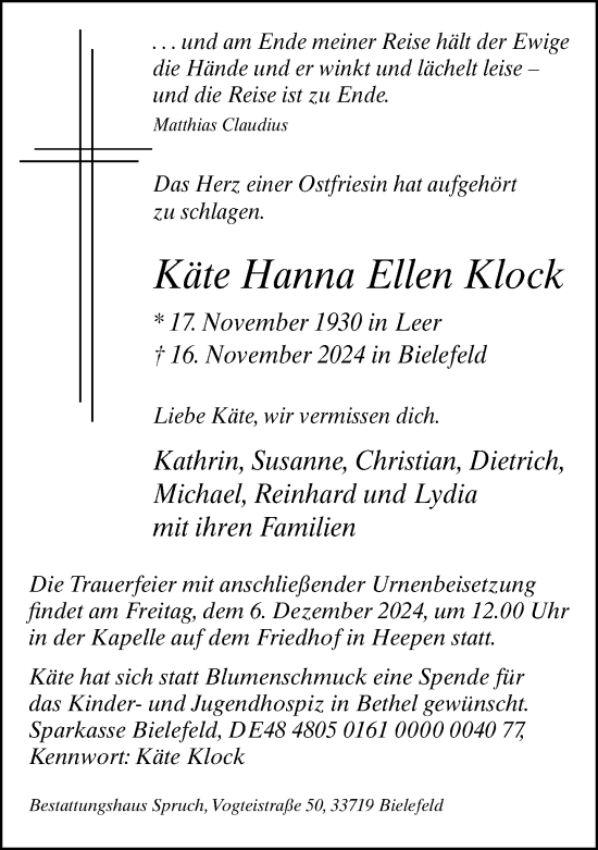 Traueranzeige von Käte Hanna Ellen Klock von Neue Westfälische