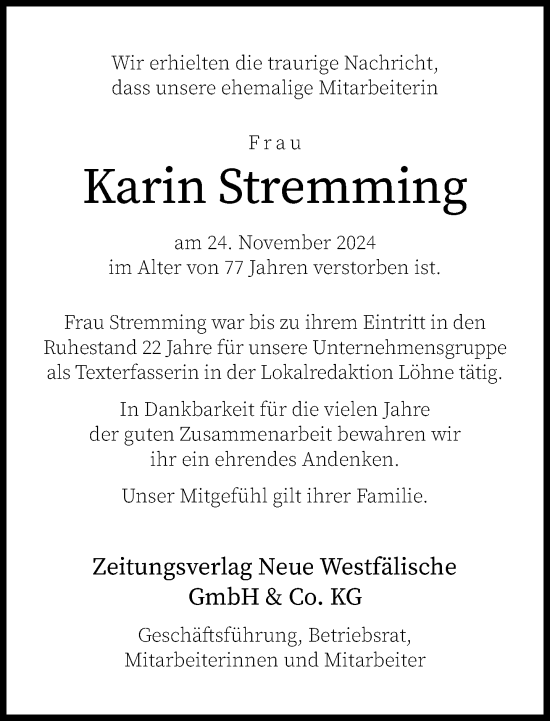 Traueranzeige von Karin Stremming von Neue Westfälische