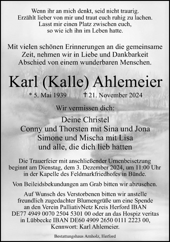 Traueranzeige von Karl Ahlemeier von Neue Westfälische