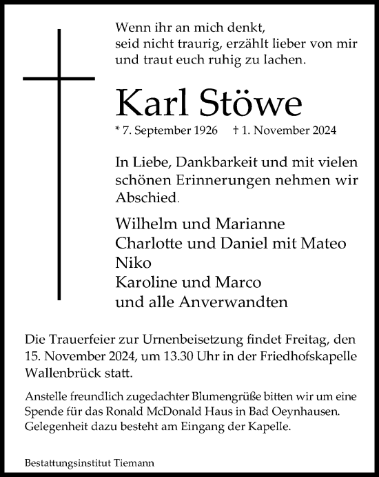 Traueranzeige von Karl Stöwe von Neue Westfälische