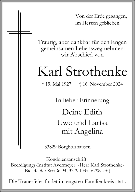 Traueranzeige von Karl Strothenke von Neue Westfälische