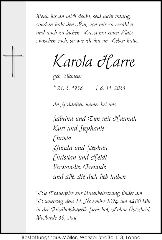 Traueranzeige von Karola Harre von Neue Westfälische