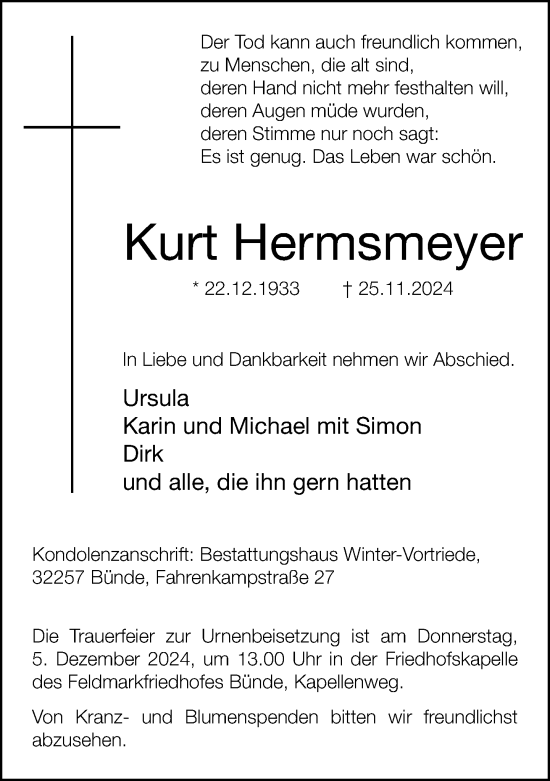 Traueranzeige von Kurt Hermsmeyer von Neue Westfälische