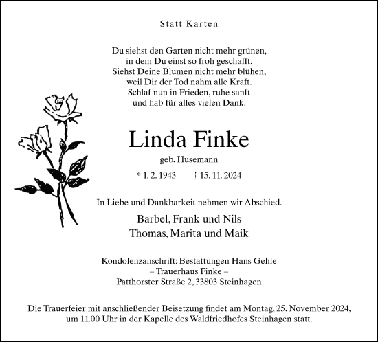 Traueranzeige von Linda Finke von Neue Westfälische