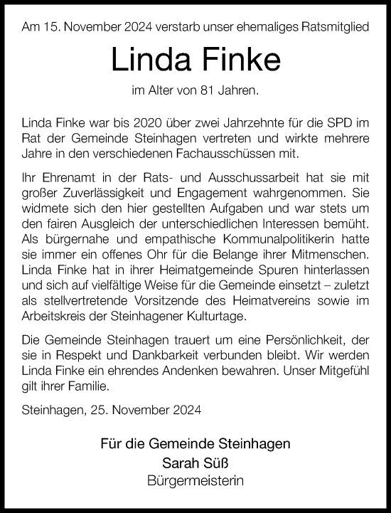 Traueranzeige von Linda Finke von Neue Westfälische