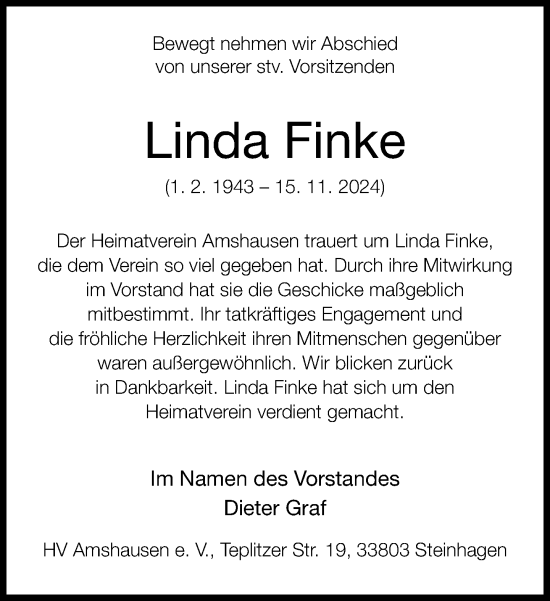 Traueranzeige von Linda Finke von Neue Westfälische