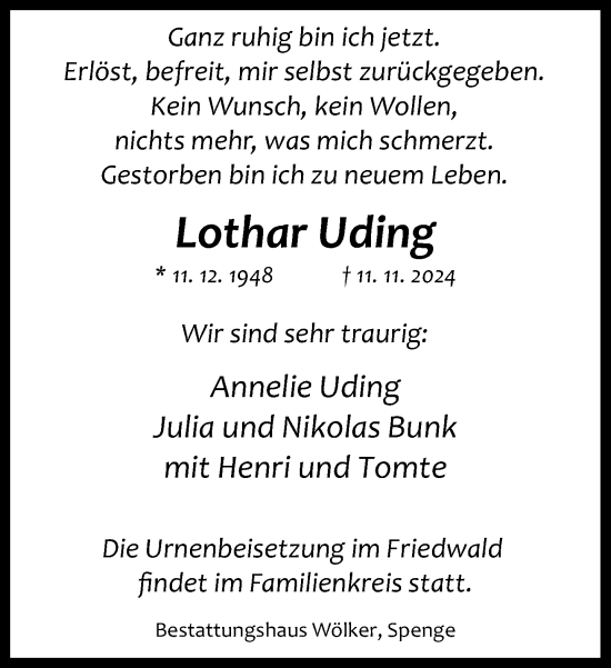 Traueranzeige von Lothar Uding von Neue Westfälische